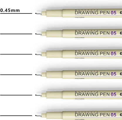 Muchcute 05 Fine Point Writing Pens: 6 Black 0.45mm Thin Micron Pen 05 No Bleed Bible Journaling Study Supplies Annotation Smooth Waterproof Micro Line Needle Tip Fineliner Gel Felt Ink Markers Stuff