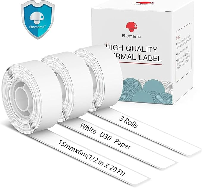 Phomemo Labels-3 Roll D30 Adhesive White Continuous Thermal Label Paper,1/2" X 20 Ft (15mm X 6m) Black on White for D30/D35 Label Maker, for Home,Kitchen,School,Office,Gift,Organization