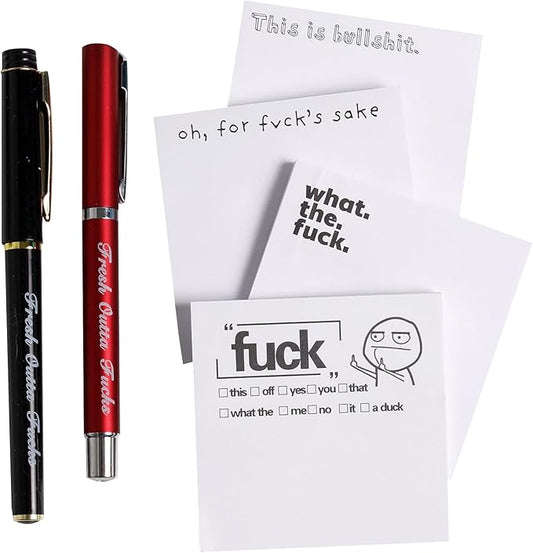 Fresh Outta Fucks Pad and Pen Funny Sticky Notes and Pen Set White Elephant Gift Novelty Pen Funny Desk Accessory Fun Gifts for Friends (B-Set 2 Pen+4 Notes)