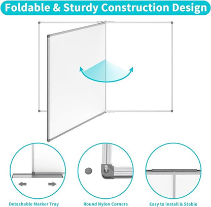 JILoffice Magnetic Foldable White Board 48 x 36 Inches, Dry Erase Whiteboard, Silver Aluminum Frame with 2 Detachable Marker Tray Wall Mounted Board for Office Home and School