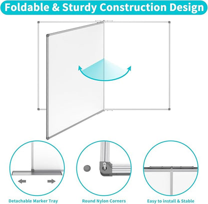 JILoffice Large Foldable White Board 60x40 Inches, Dry Erase Magnetic White Board, Silver Aluminum Frame with 2 Detachable Marker Tray Wall Mounted Board for Office Home and School