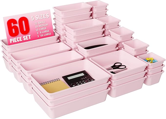 60 Pcs Plastic Drawer Organizer Set,5 Size Small Storage Containers for Organizing Jewelry,Utensil,Junk,Tea,Makeup,Shallow Drawer Organizers Tray Suitable for Office,Desk,Bathroom,Vanity,Kitchen,Pink