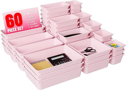 60 Pcs Plastic Drawer Organizer Set,5 Size Small Storage Containers for Organizing Jewelry,Utensil,Junk,Tea,Makeup,Shallow Drawer Organizers Tray Suitable for Office,Desk,Bathroom,Vanity,Kitchen,Pink