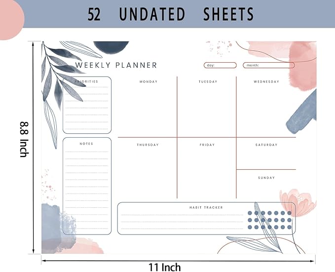 Weekly Planner Pad,Weekly To Do List Notepad with 52 Undated Sheets Weekly Planner Notepad (8.8"×11") Weekly Desk Planner for Women & Man,Work and Home