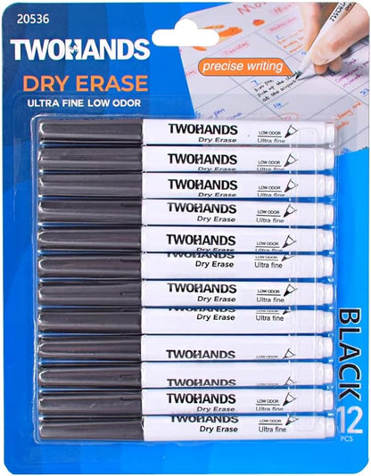 TWOHANDS Dry Erase Markers Ultra Fine Tip,0.7mm,Low Odor,Extra Fine Point,Black,Whiteboard Markers for Office,Home,or Planning Whiteboard,12 Count,20536