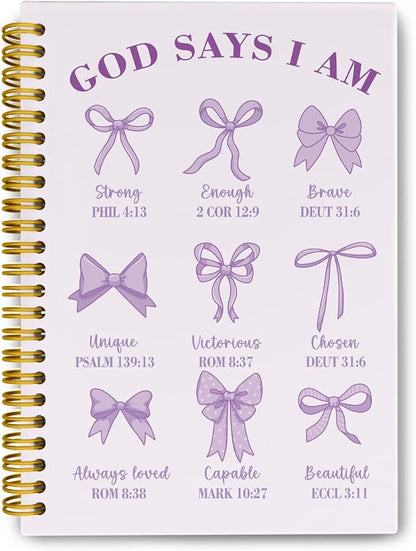 Coquette Purple Bows Bible Notebook,Aesthetic Composition Notebook, God Says I Am Christian Scripture Prayer Journal for Women, Hardcover Spiral Notebooks College Ruled 5.5 x 8.3 （Purple