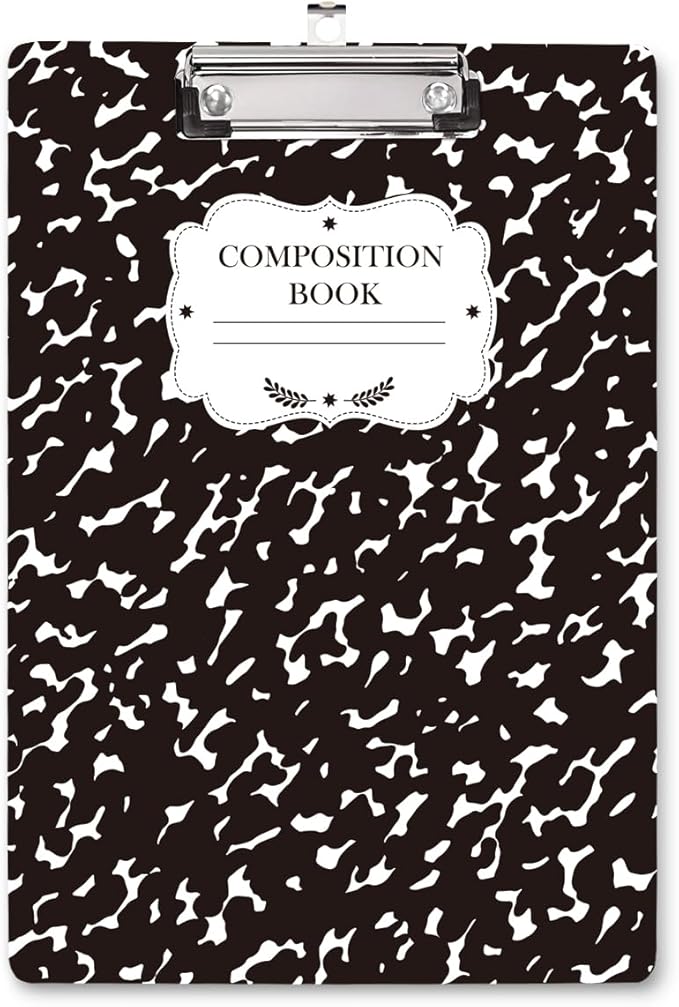 WAVEYU Fashion Cute Clipboard, Decorative Office School Hardboard Wood Nursing Clip Board for Standard A4 Letter Size for Students, Women, Men and Kids, 12.5"x 9", Black+White02