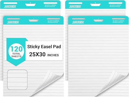 Lined Sticky Easel Pad, 25 in x 30 in,Flip Chart Paper,Sticky Chart Paper for Teachers, Large Self-Stick Easel Paper,Super Sticky & Bleed-Resistant,30 Sheets/Pad,4 Pads