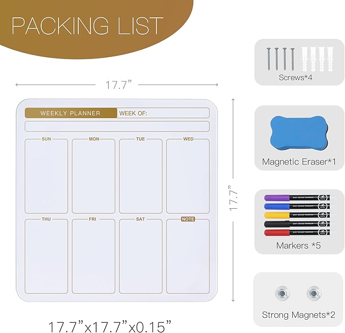 SELEAD Magnetic Glass Planning Board for Small Apartment - 18”x18” Dry Erase Whiteboard Weekly Planner Wall Calendar, Message Memo TODO Board for Home Kitchen, White&Gold