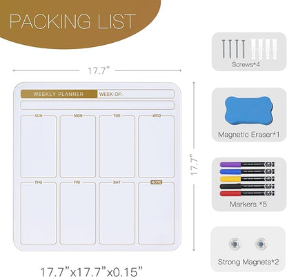 SELEAD Magnetic Glass Planning Board for Small Apartment - 18”x18” Dry Erase Whiteboard Weekly Planner Wall Calendar, Message Memo TODO Board for Home Kitchen, White&Gold