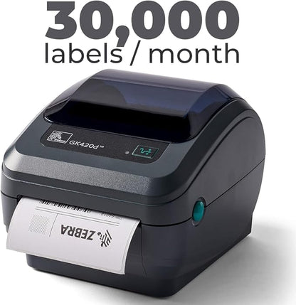 Zebra GK420d Direct Thermal Label Printer Bundle - Includes Zebra Barcode Label Thermal Printer, USB-B Cable and Cleaning Cloth - Monochrome Desktop Printer for USPS, Ethernet Connectivity (Renewed)
