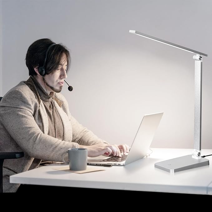 LED Desk Lamp for Home Office, 3 Levels Dimmable Desk Light with USB Charging Port, Small Study Lamp, Reading Light for Table, Silver, 5000K