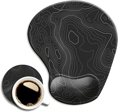 DOOKE Ergonomic Mouse Pad with Wrist Support and Coaster,Mouse Pads with Non-Slip PU Base for Home Office Working Studying Easy Typing & Pain Relief Topographic Contour Black