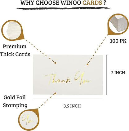 Winoo Design Gold Mini Thank You Cards Small Business - 100 PK - Flat Card No Fold, 2 x 3.5 Inches Thank You for Your Order Cards Thank You for Your Support Cards for Wedding Off White Color