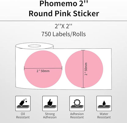 Phomemo 2” Color Circle Thermal Labels, Self-Adhesive Round Sticker Label, Circular Direct Thermal Printer Label for Phomemo 241bt, D520BT, B246D Label Printer, 750 Labels/Roll, Pink