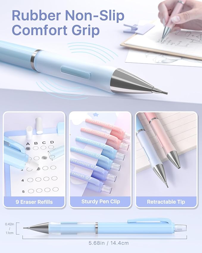 Four Candies 0.7mm Mechanical Pencil Set - 6PCS Cute Pencils with 360PCS HB & 2B Lead Refills, 3PCS Pastel Erasers and 9PCS Eraser Refills, Aesthetic School Supplies for Student Writing Drawing