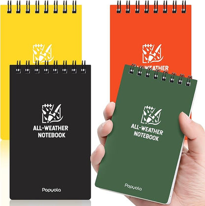 POPYOLA 4 Pack Waterproof Pocket Notebook, 3 x 5 Pocket Notepad, All Weather Small Mini Spiral Notepad with 100 Lined Pages for Outdoor Office School