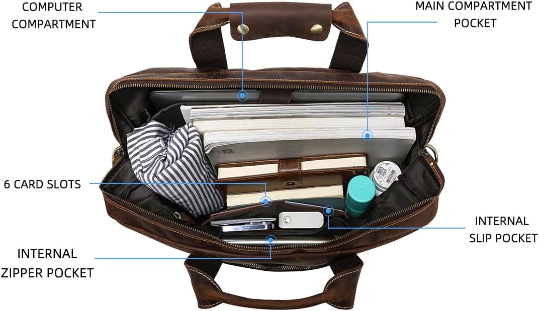 Full Grain 17.3" Leather Briefcase Messenger Laptop Bag For Men