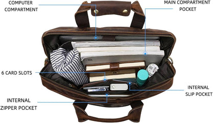 Full Grain 17.3" Leather Briefcase Messenger Laptop Bag For Men