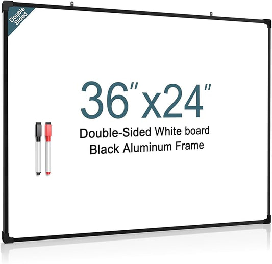 MaxGear Magnetic Dry Erase White Board, 36 X 24 Inches Double Sided Whiteboard, Black Aluminum Frame White Board for Wall, Hanging Planner Board with 2 Dry Erase Markers for School Office Home