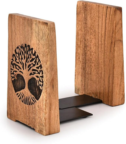 NIRMAN Office Bookends Iron & Acacia Wood Tree of Life Office Bookends for Shelves or Bookcase Heavy Bookends, Home Décor Gift (4" X 4" X 6"), (Set of 2)