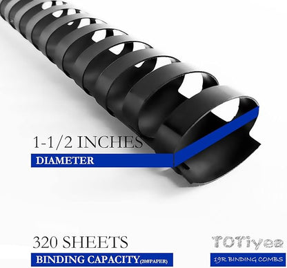 TOTiyea 50 Pack 19 Ring Plastic Binding Combs, 1-1/2 Inch Diameter, 320 Sheet Capacity, Letter Size, Black Comb Binding Spines