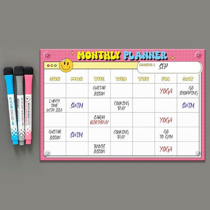 GEEKBEAR Dry Erase Refrigerator Calendar with 3 Markers - Attachable to Any Fridge with Special Suction Cups - Monthly and Weekly Designs, Acrylic - 15.7" x 10.6" (07. Smile Pink, Monthly)