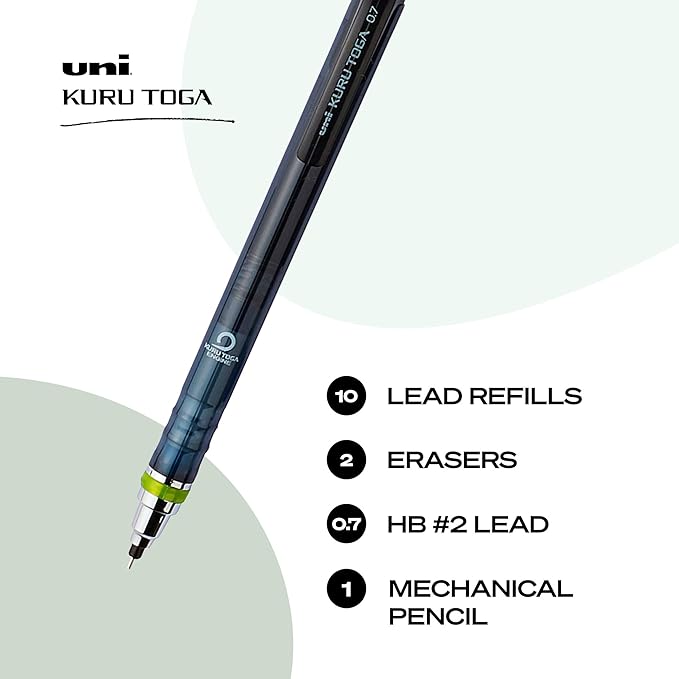 uni-ball Kuru Toga Mechanical Pencil with 0.7 mm Lead Refills & Pencil Erasers, HB #2