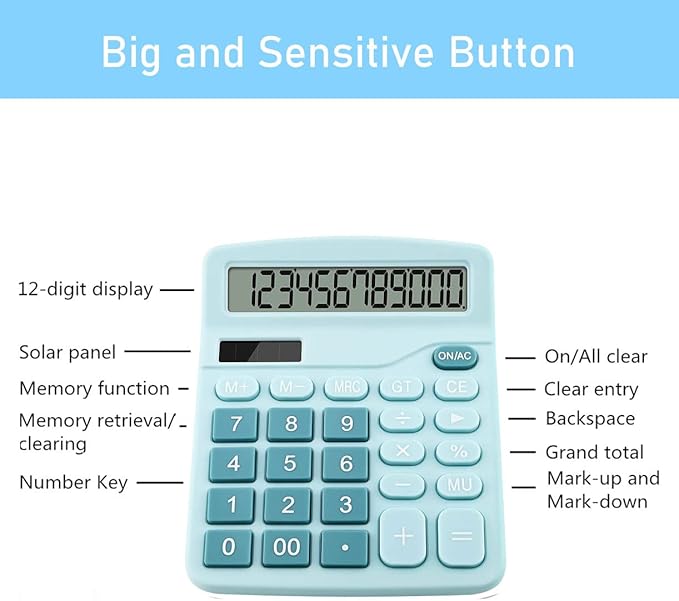 Office Calculators Desktop, 12-Digit Dual Power Cute Calculator with Large LCD Display Big Button for Office Home and School (Blue)