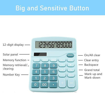 Office Calculators Desktop, 12-Digit Dual Power Cute Calculator with Large LCD Display Big Button for Office Home and School (Blue)