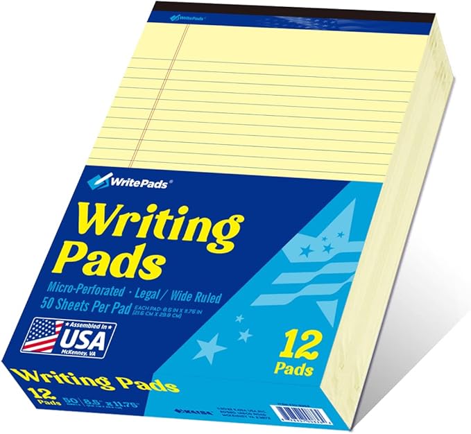 8.5"x11" Legal Pads,Wide Ruled,Canary Paper,12 Pack,50 Sheets Per Writing Pad,Micro perforated Writing Pad,BL-MCY50W-12PAD