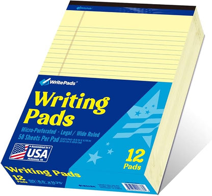8.5"x11" Legal Pads,Wide Ruled,Canary Paper,12 Pack,50 Sheets Per Writing Pad,Micro perforated Writing Pad,BL-MCY50W-12PAD