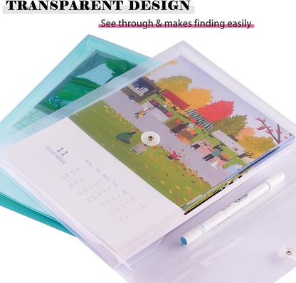 A4 Letter Size Plastic Poly Envelopes with Button and String Tie Closure, 1-1/4" Expansion Clear File Folders Side Loading Documents Organizer for Home School and Office Supplies (28)