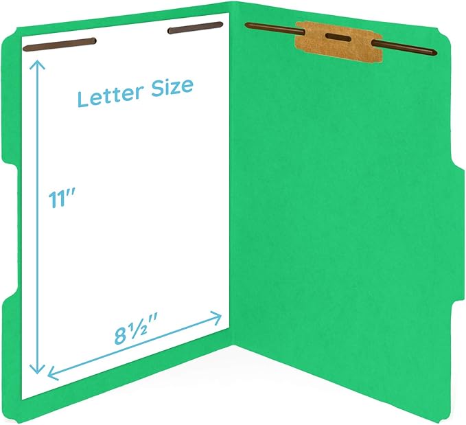 50 Green Fastener File Folders - 1/3 Cut Reinforced Tab - Durable 2 Prongs Bonded Fastener Designed to Organize Standard Medical Files, Law Client Files, Office Reports - Letter Size, Green, 50 Pack