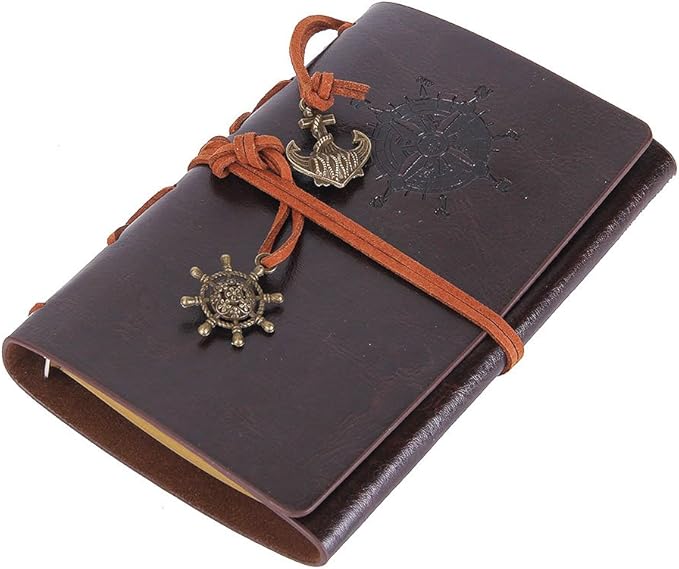 EvZ Leather Writing Journal Notebook, 7 Inches Vintage Nautical Spiral Blank String Diary Notepad Sketchbook Travel to Write in, Unlined Paper, Retro Pendants, Classic Embossed, Coffee