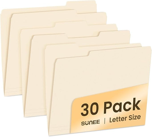SUNEE File Folders, 30 Pack Manilla Folders 8.5 x 11, 1/3 Cut Tab for Easy Labeling and Organization, Durable Standard Paper for Home, Office, School Filing