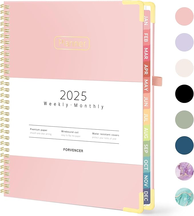 Forvencer 2025 Planner, Hardcover Weekly and Monthly Planner, January 2025 - December 2025, 8.5" x 11", Spiral Calendar Planner with Tabs, Exquisite Daily Organizer Notebook with Inner Pocket, Agenda Journal for Office Home School, A4 Size, Pink