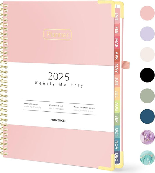Forvencer 2025 Planner, Hardcover Weekly and Monthly Planner, January 2025 - December 2025, 8.5" x 11", Spiral Calendar Planner with Tabs, Exquisite Daily Organizer Notebook with Inner Pocket, Agenda Journal for Office Home School, A4 Size, Pink
