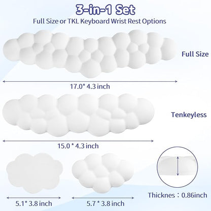 Cloud Wrist Rest Keyboard, Cloud Palm Rest Set with PU Leather Memory Foam, Cute Keyboard Rest for Wrist Support and Arm Rest, Desk Cloud Wrist Pad for PC/Gaming/Hand Cushion/Computer-White