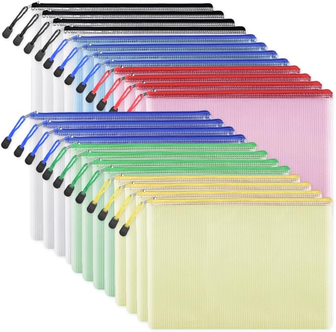EOOUT 24pcs Mesh Zipper Pouch Bags, A4 Letter Size Zipper Storage Bags for Organizing, Multicolor Plastic File Pouch Multipurpose for Classroom Organization Travel Storage Board Game Storage