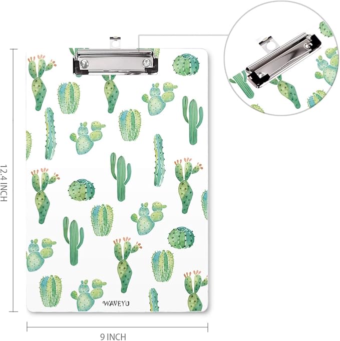 WAVEYU Clipboard, Cute Clipboard, Letter Size Decorative Clipboard Cactus Design with Low Profile Clip, Retractable Key Hole for Hanging Paperboard for Office School, Cactus (12.5"x9")