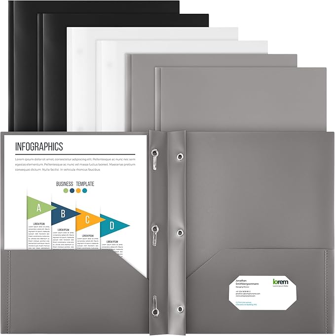 Cholemy 6 Pcs Plastic Pocket Folders with Prong 2 Heavy Duty Pockets Folders with 3 Prongs Letter Size Paper Folders Bulk File Plastic Folders with Fasteners for Office Workers (White,Black,Grey)