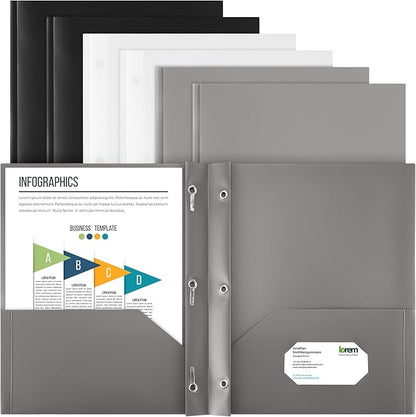 Cholemy 6 Pcs Plastic Pocket Folders with Prong 2 Heavy Duty Pockets Folders with 3 Prongs Letter Size Paper Folders Bulk File Plastic Folders with Fasteners for Office Workers (White,Black,Grey)