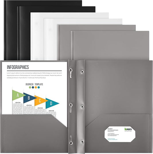 Cholemy 6 Pcs Plastic Pocket Folders with Prong 2 Heavy Duty Pockets Folders with 3 Prongs Letter Size Paper Folders Bulk File Plastic Folders with Fasteners for Office Workers (White,Black,Grey)
