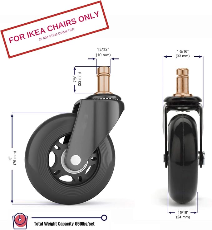 Office Chair Wheels | FIT IKEA Chairs ONLY| Soft 3" Computer Chair Caster Wheels Protect Your Hardwood Floors Better Than Any Office Chair Mat, Set of 5 Desk Chair Wheels, No Scratching or Marking.