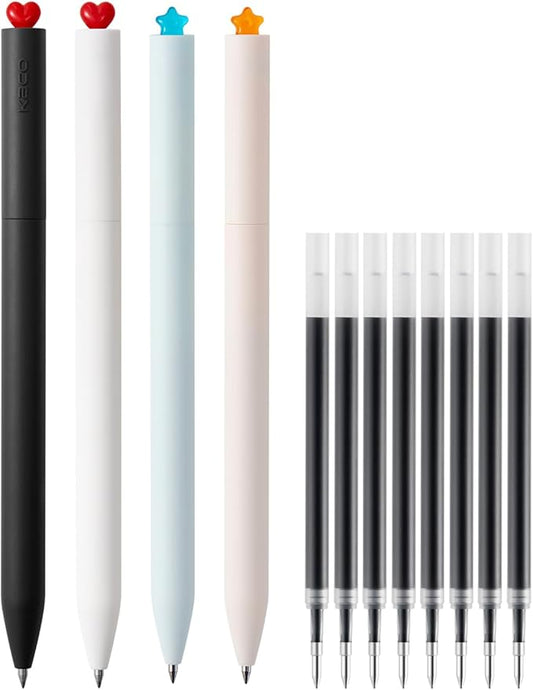 Kaco FIRST Gel Pens, Cute Stationery, 4 Pieces with Extra 8 Black Refills Cute Heart Star Pen Set (2 Star & 2 Heart)