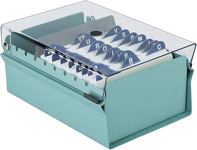 Acrimet 3 x 5 Card File Holder Organizer Box Metal Base Heavy Duty (AZ Index Cards and Divider Included) (Green Color with Clear Crystal Plastic Lid Cover)