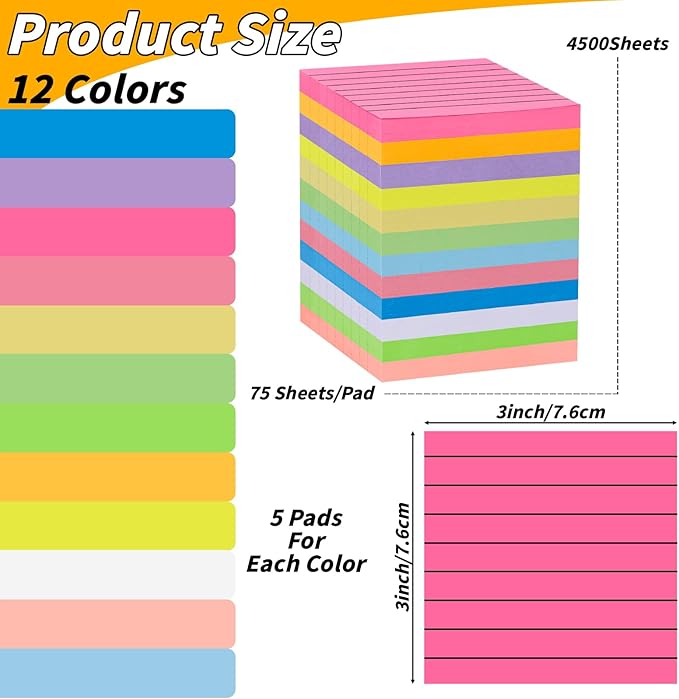 60 PCS Lined Sticky Notes 3x3In Colorful Sticky Notes 75 Sheets/Pad 12 Colors,Bright Ruled Post Stickies Multicolor Memo Note Pads for Teacher Student School Office Meeting Blank Desk Pads,4500 Sheets