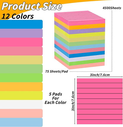 60 PCS Lined Sticky Notes 3x3In Colorful Sticky Notes 75 Sheets/Pad 12 Colors,Bright Ruled Post Stickies Multicolor Memo Note Pads for Teacher Student School Office Meeting Blank Desk Pads,4500 Sheets
