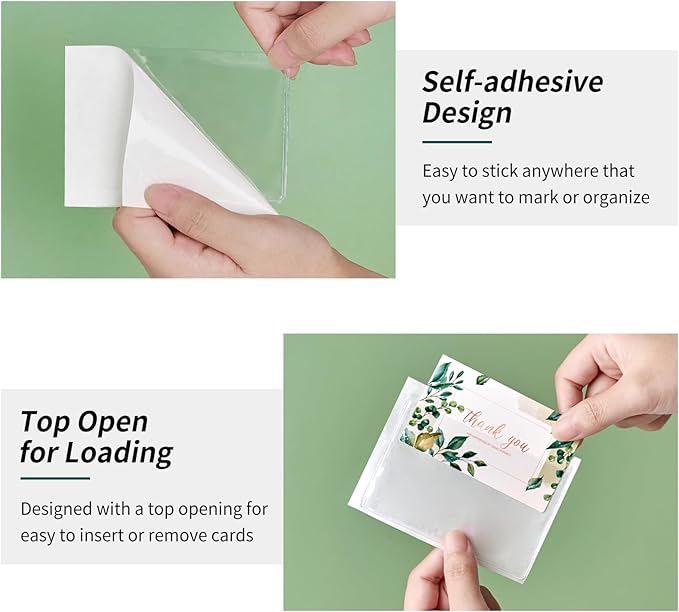 52 Pack Index Card Pockets with Top Open, 3.5 x 2.5 Inch Adhesive Label Pockets Clear Plastic Index Card Holder for Organizing, Storage Bins, Library Cards, Notes